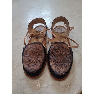 Boho handmade Mexican Huarache Sunflower design Women SZ 7 black wrap ankle tie